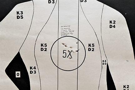 A 38 Colt New Police black powder roundball load in a Police Positive Special; 10 shots in the X-ring on the B-21 X target, rapid fire at 12 yards.